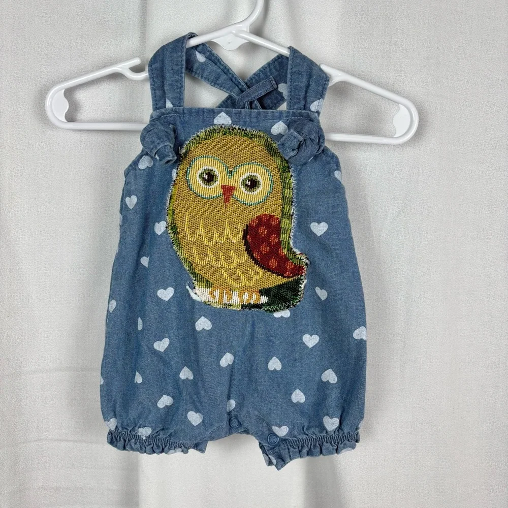 Carter's Chambray Polka Dot Newborn‎ Romper with Appliqué Owl Hand Crafted
